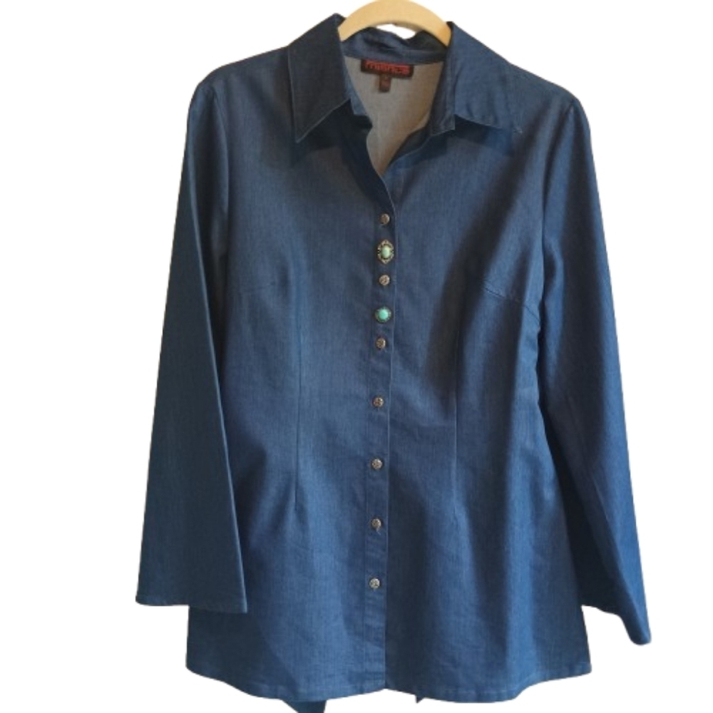 Mishca Women's Denim Style Shirt Medium Decorative Gold Turquoise Buttons Tie